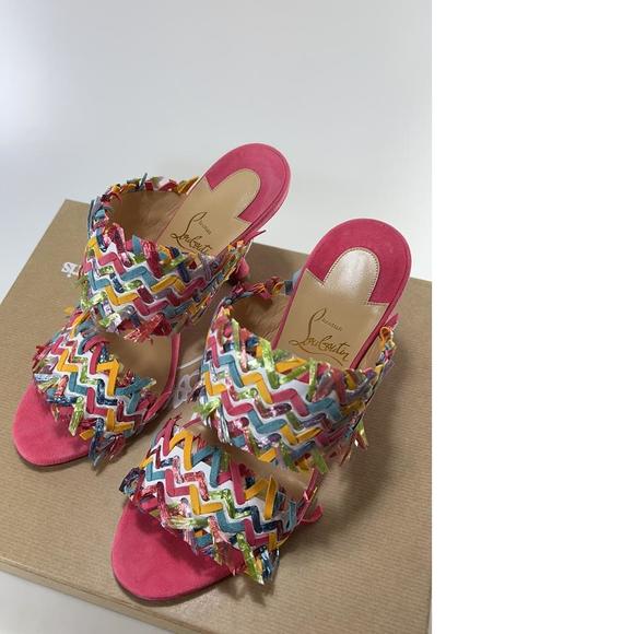 Meroine Pink Rainbow Woven 85mm raffia fringe heels mules D972 - Picture 7 of 11